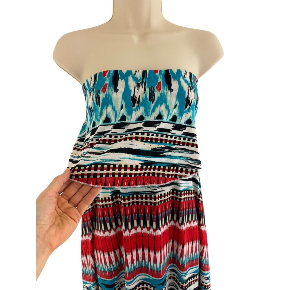 Red Teal Mixed Print Strapless Maxi Dress Size S M Summer Beach Wedding Party - Picture 4 of 9